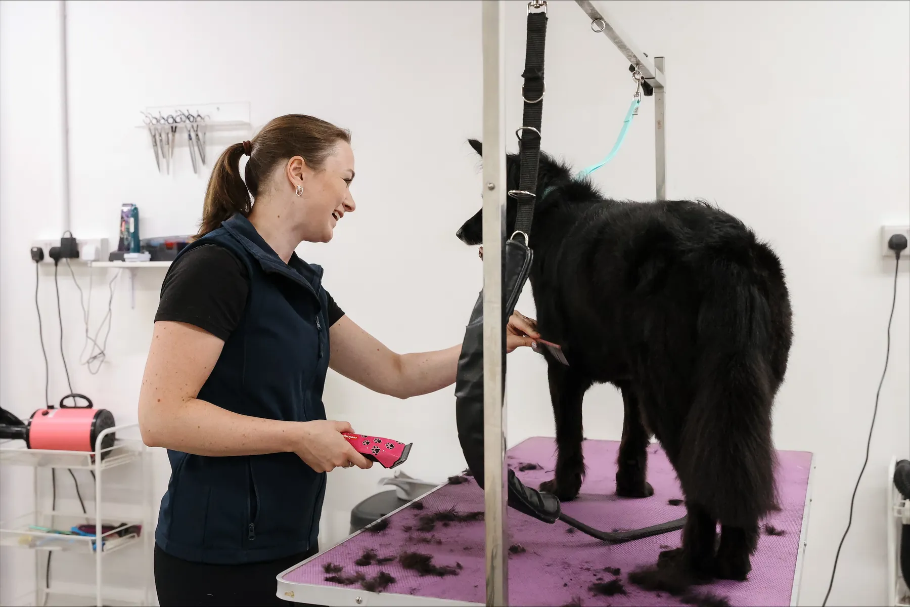 Georgie laughing with a black dog on the grooming table