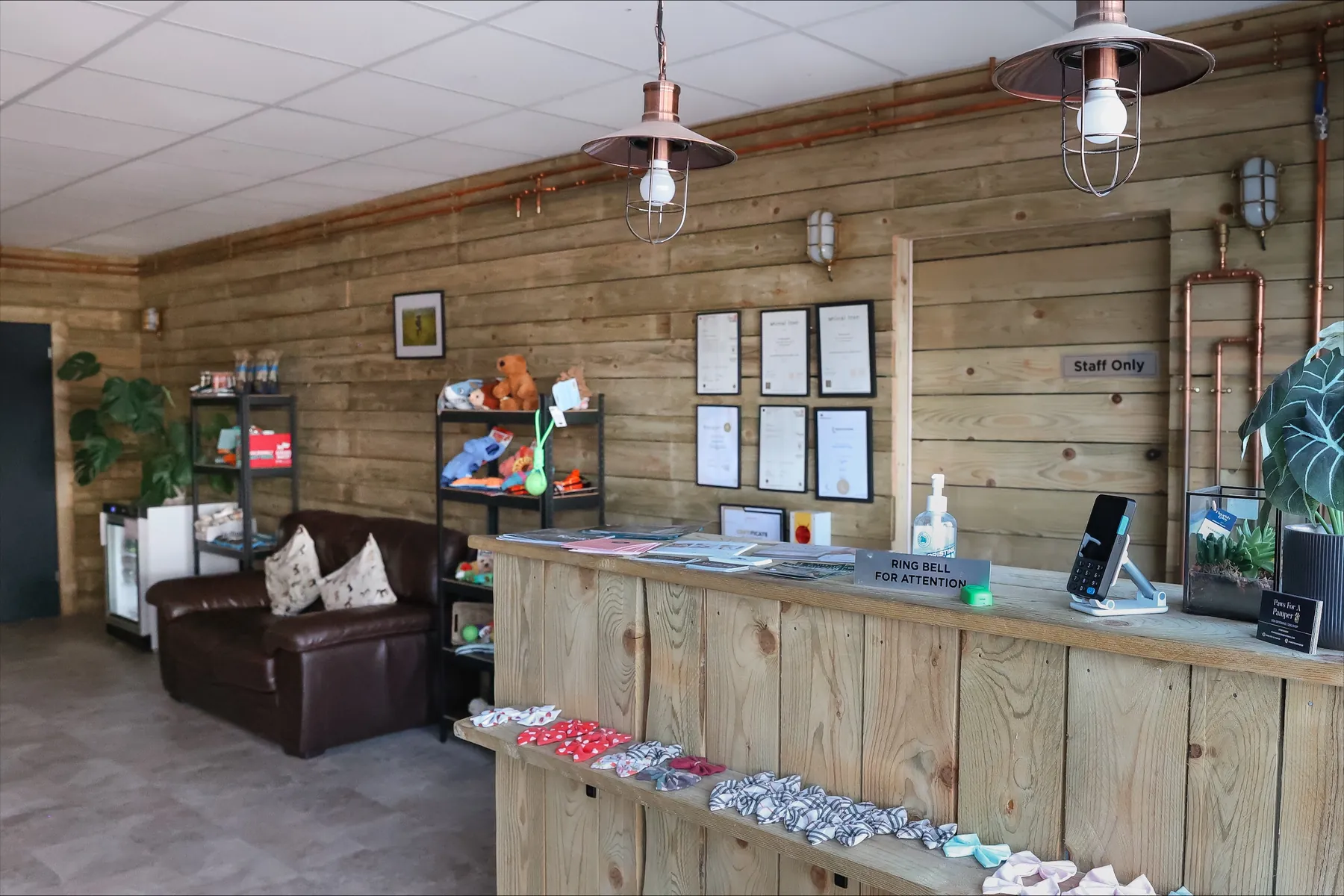 The shop and reception: timber counter, copper lights, shelves of toys and treats, and a leather sofa to wait on
